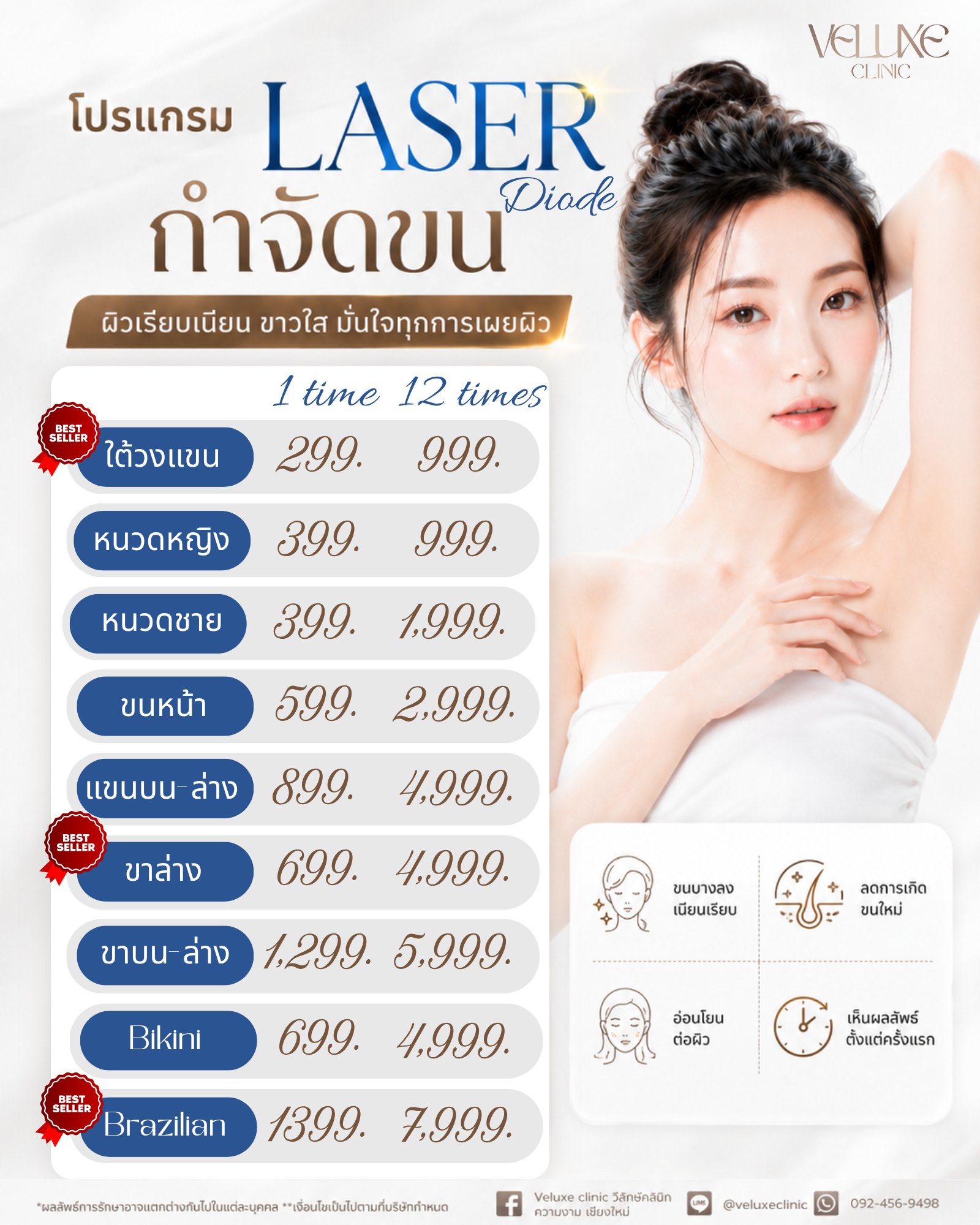ตารางราคา Diode Laser กำจัดขน Veluxe Clinic เชียงใหม่ ใต้วงแขน 299 บาท หนวด 399 บาท ขนหน้า 599 บาท แขน 899 บาท ขาล่าง 699 บาท ขาบน-ล่าง 1299 บาท Bikini 699 บาท Brazilian 1399 บาท พร้อมแพ็กเกจ 12 ครั้ง